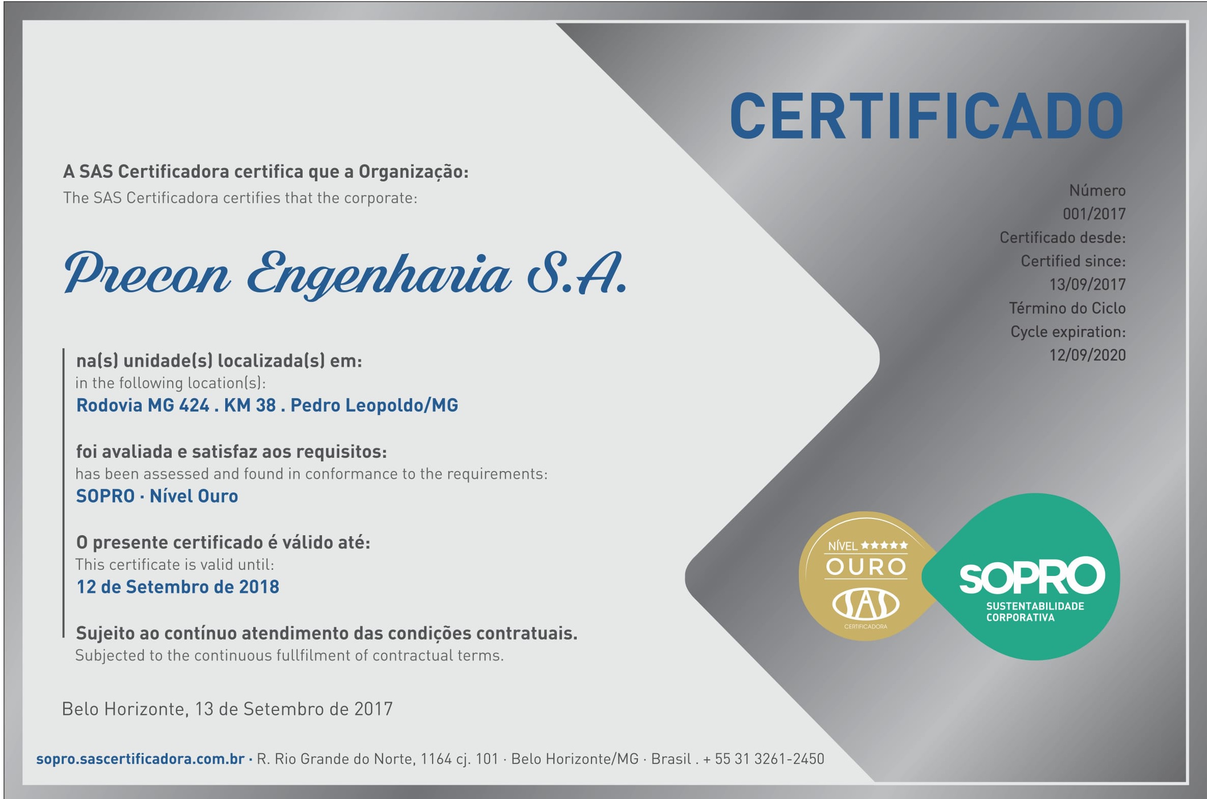 Precon Engenharia SA - Nivel OURO Precon Engenharia SA - Nivel OURO